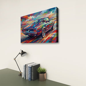 A colorful canvas wall art print depicting a classic 1967 Ford Mustang Fastback sports car in an abstract, painterly style, shown hanging on a light beige wall above a desk with a lamp, books, and a small plant.