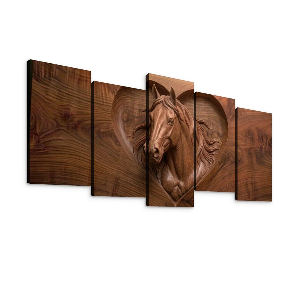 Wood Sculpture Horse Head with Heart 5-Panel Canvas Wall Art