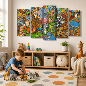 Wild & Whimsical Cartoon Animal Collage Kids Canvas Wall Art | 1, 3 & 5 Panel Playroom & Bedroom Print