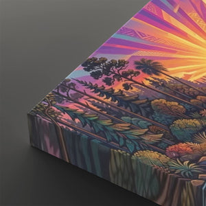 A rectangular canvas wall art print shown at an angle on a dark gray background. The artwork depicts a colorful tropical sunset scene with palm trees, layered foliage, and radiating sunburst lines in pink, purple, orange, yellow, and blue.