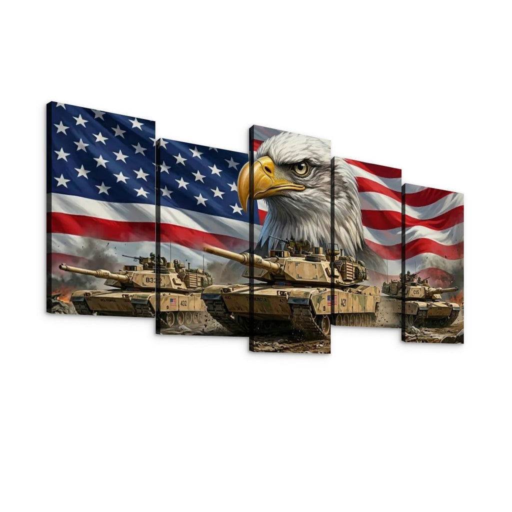 US American Flag Bald Eagle Army Tanks Military Split Canvas Panel Wall Art 1, 3, 5 Panel