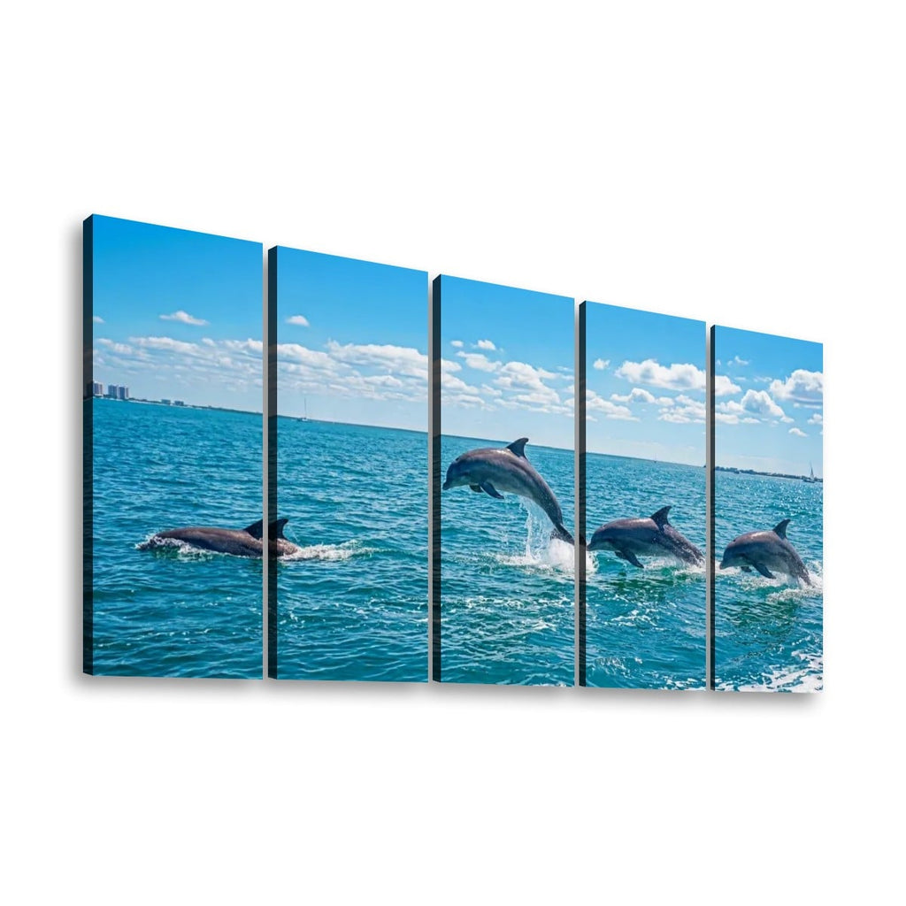 Dolphins Jumping, Breaching, Porpoising in the Gulf of Mexico Canvas Wall Art — Single & Multi-Panel Prints