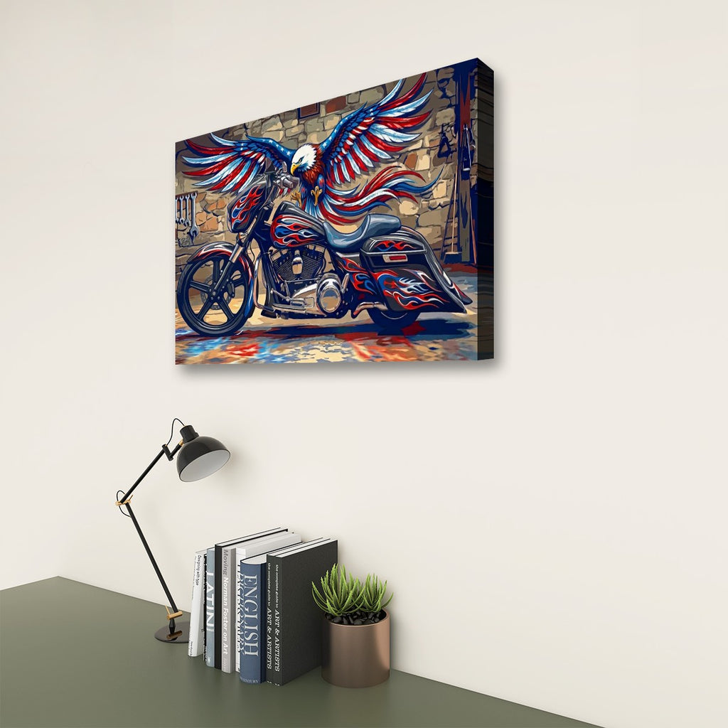 American Bagger Dresser Canvas Wall Art — Red, White & Blue Eagle, Stretched Swoop Bags