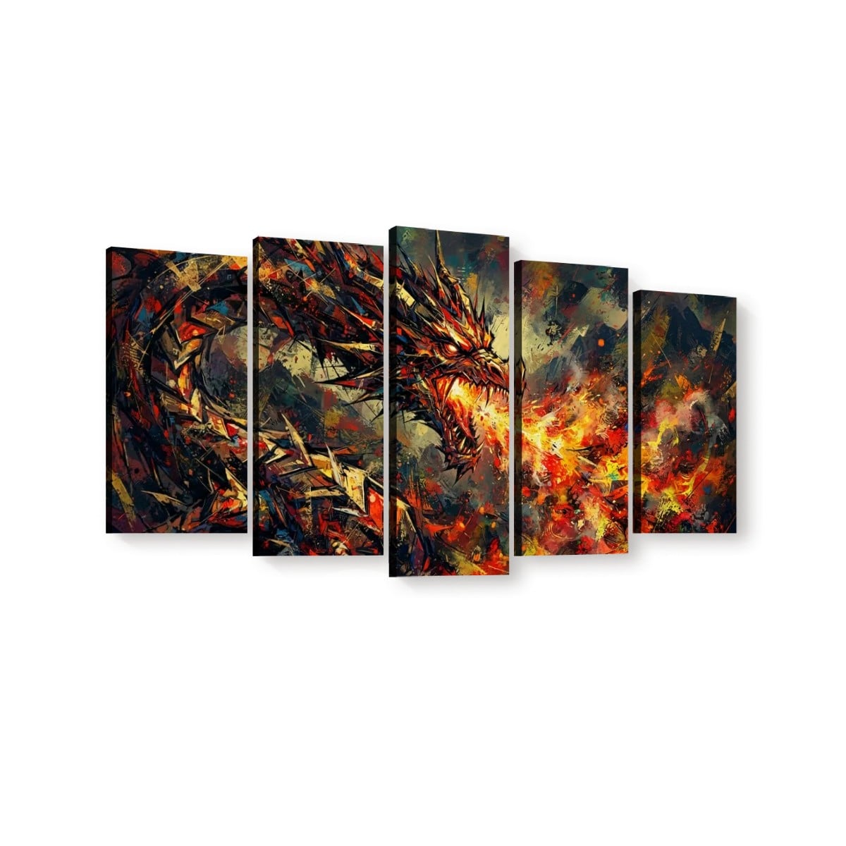 A five-panel canvas wall art set depicting a dramatic fantasy dragon scene with fiery red, orange, yellow, and dark gray brushstrokes, shown against a plain white background.