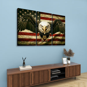 A three-panel canvas wall art set depicting a bald eagle in front of an American flag, displayed on a light blue wall above a wooden console table with decorative items.