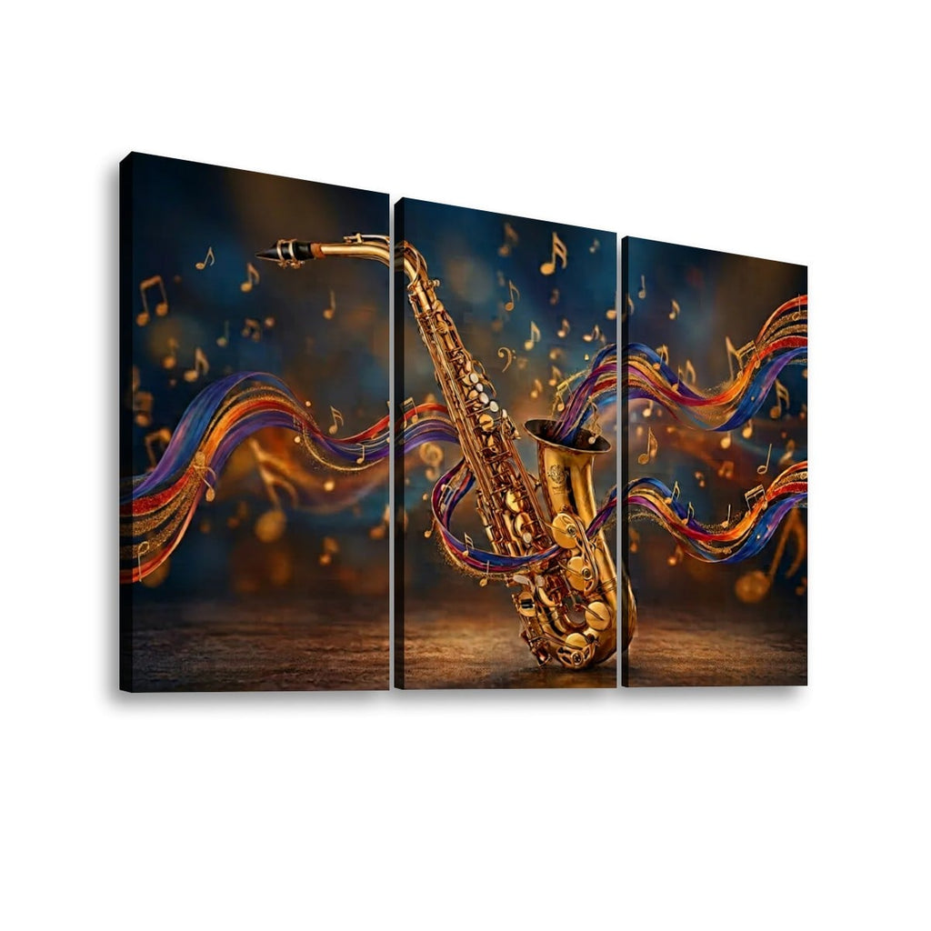 Three-panel canvas wall art showing a gold saxophone with flowing multicolored musical notes and lines against a dark blue background.