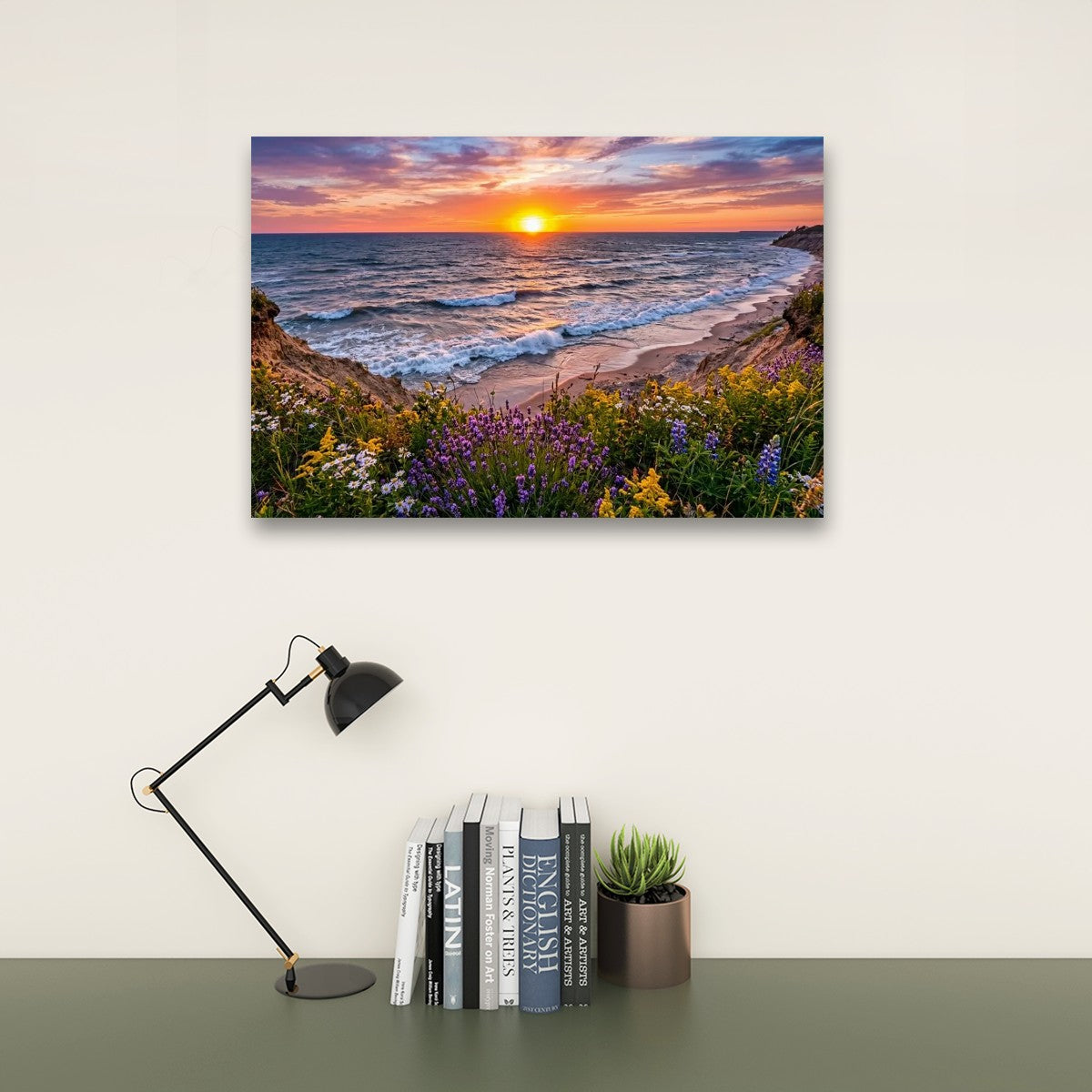 Lake Michigan Bluff at Sunset with Lavender Flowers  – 1, 3, 5-Panel Split Canvas Wall Art