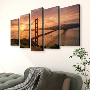 Golden Gate at Golden Hour – 5-Panel Canvas Wall Art
