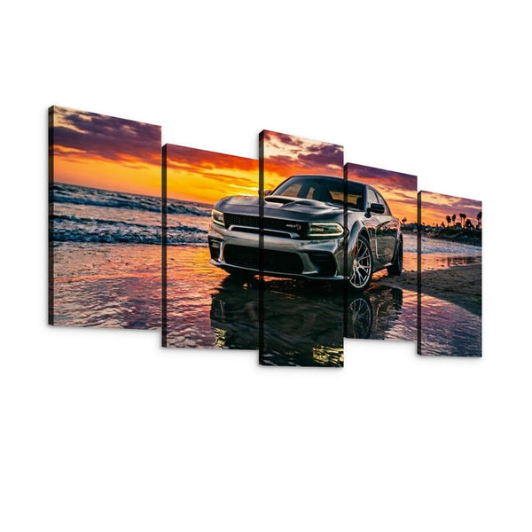 Dodge SRT Hellcat Charger Canvas Wall Art – Beach Sunset Scene | 5-Panel Level Garage Décor Print