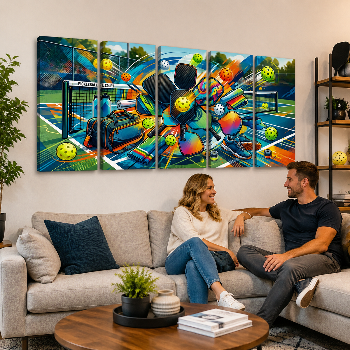 A 5-panel canvas wall art set depicting a vibrant, colorful pickleball-themed abstract painting, displayed on a beige wall above a living room sofa with a man and woman sitting in the foreground.
