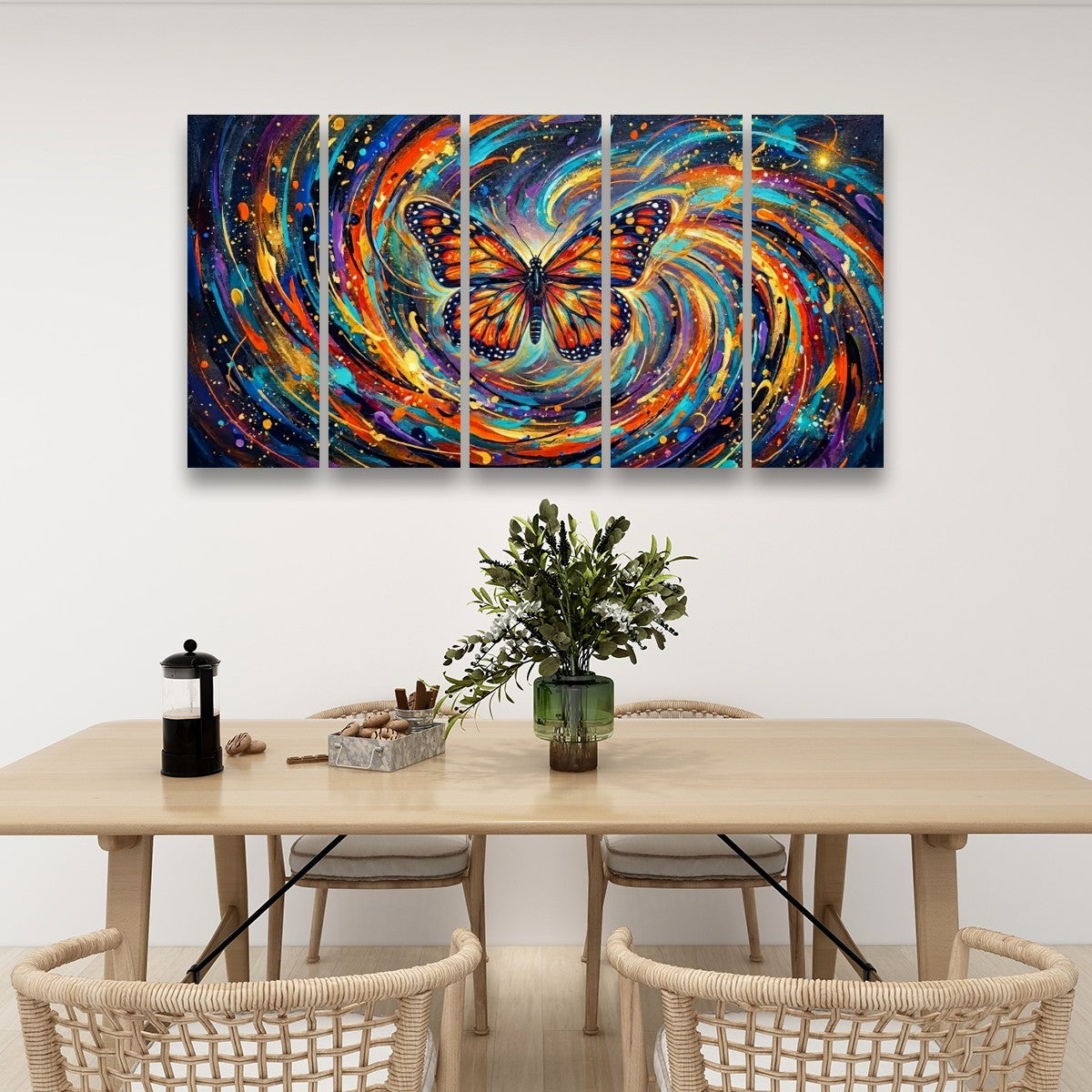 Monarch Butterfly Cosmic Vortex Canvas Wall Art | 1, 3 & 5-Panel Print | Colorful Abstract Butterfly Décor | Gallery-Wrapped
