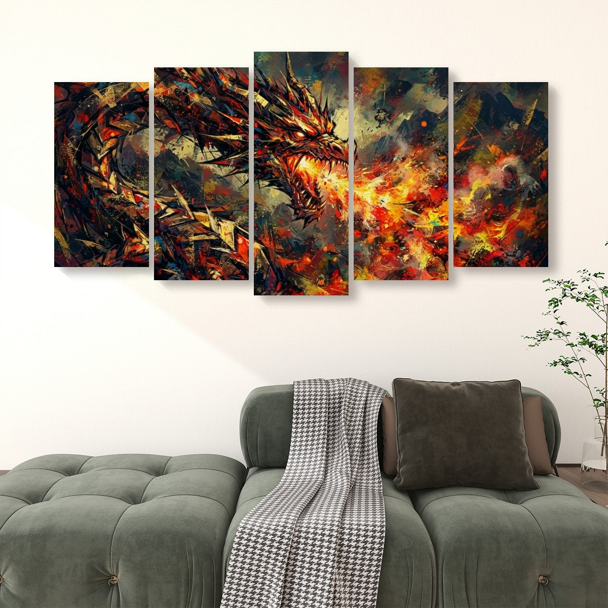 A five-panel canvas wall art set depicting a dramatic fiery dragon in abstract brushstrokes, displayed above a green tufted sofa in a modern living room setting.