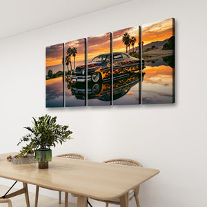 A four-panel canvas wall art set depicting a Mercury Sled with flames reflected in water at sunset, displayed on a white wall above a dining table with chairs and a plant.