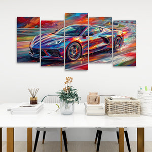 A 5-panel canvas wall art set depicting a colorful, abstract Corvette sports car in motion, displayed on a white wall above a modern dining table with books, a vase, and a basket.