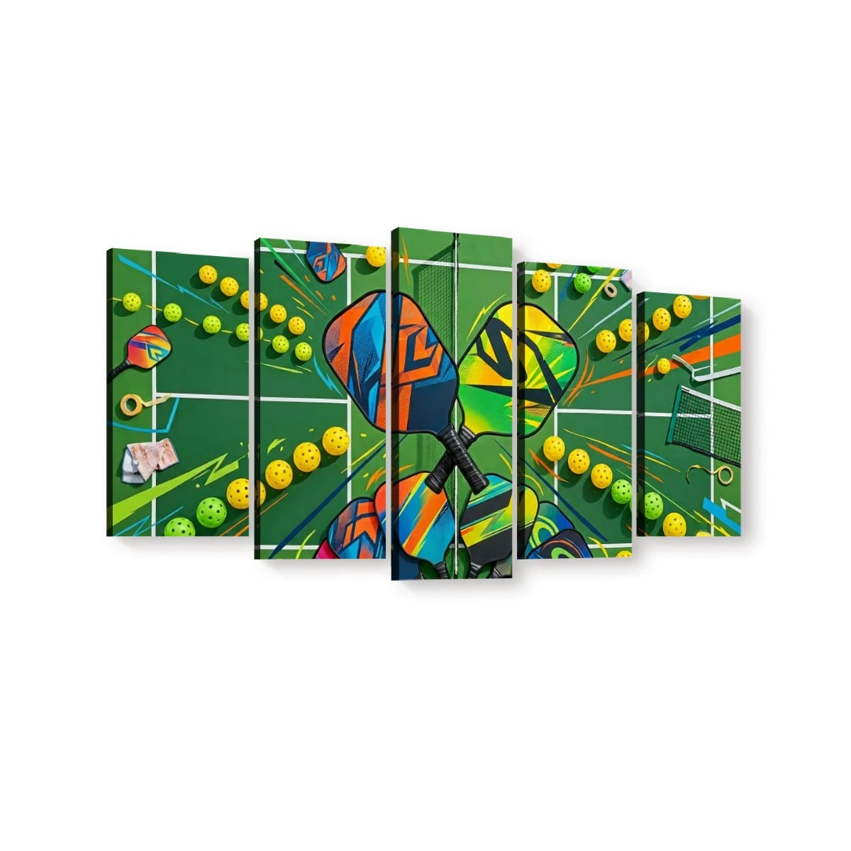 A 5-panel canvas wall art print depicting a colorful, abstract pickleball design with a racket, balls, and a green court background, shown against a plain white wall.