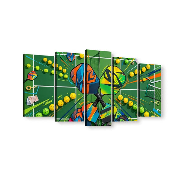 A 5-panel canvas wall art print depicting a colorful, abstract pickleball design with a racket, balls, and a green court background, shown against a plain white wall.