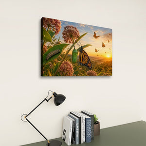 A rectangular wall art print showing a butterfly and wildflowers at sunset, displayed above a desk with a black lamp and books against a light wall.