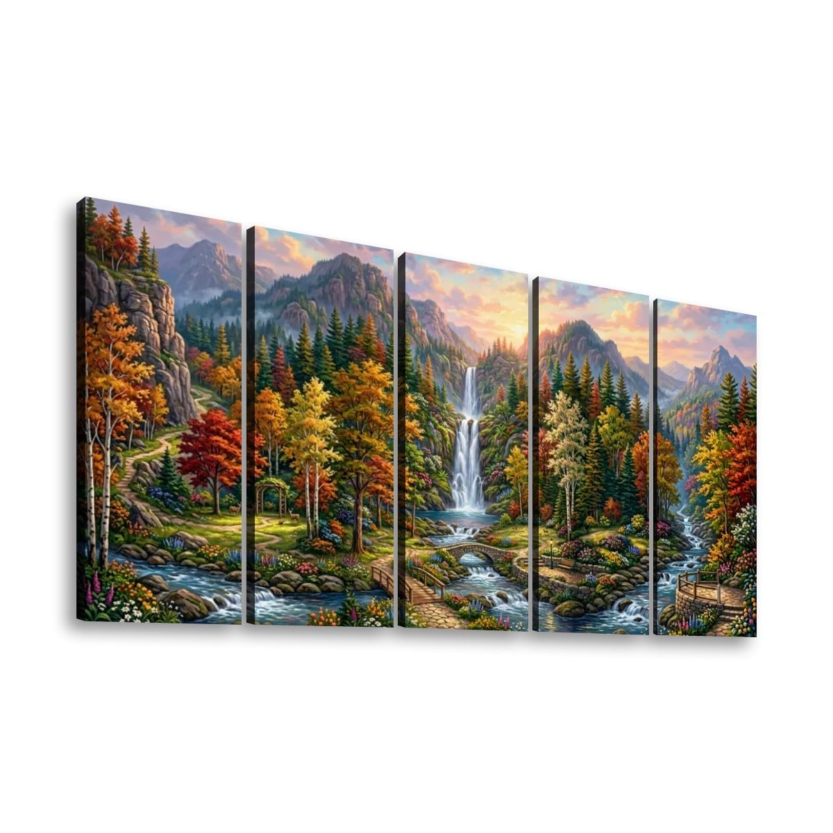 Waterfall Landscape Mountain Multi-Color Scene 5-Panel Canvas Wall Art
