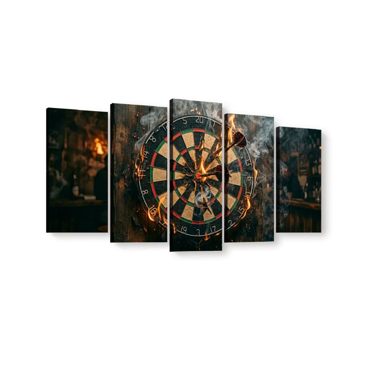 A five-panel canvas wall art set depicting a close-up of a dartboard with flaming darts embedded in it, shown against a dark smoky background.