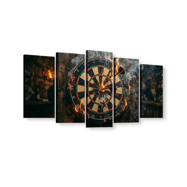 A five-panel canvas wall art set depicting a close-up of a dartboard with flaming darts embedded in it, shown against a dark smoky background.