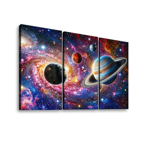 Three-panel canvas wall art showing a colorful outer-space scene with planets, stars, and nebulae, displayed against a plain white background.