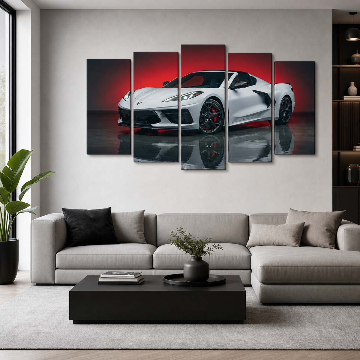 A 5-panel canvas wall art set depicting a white sports car against a red and black background, displayed on a light gray wall above a modern beige sectional sofa in a living room setting.