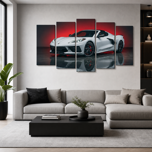 A 5-panel canvas wall art set depicting a white sports car against a red and black background, displayed on a light gray wall above a modern beige sectional sofa in a living room setting.