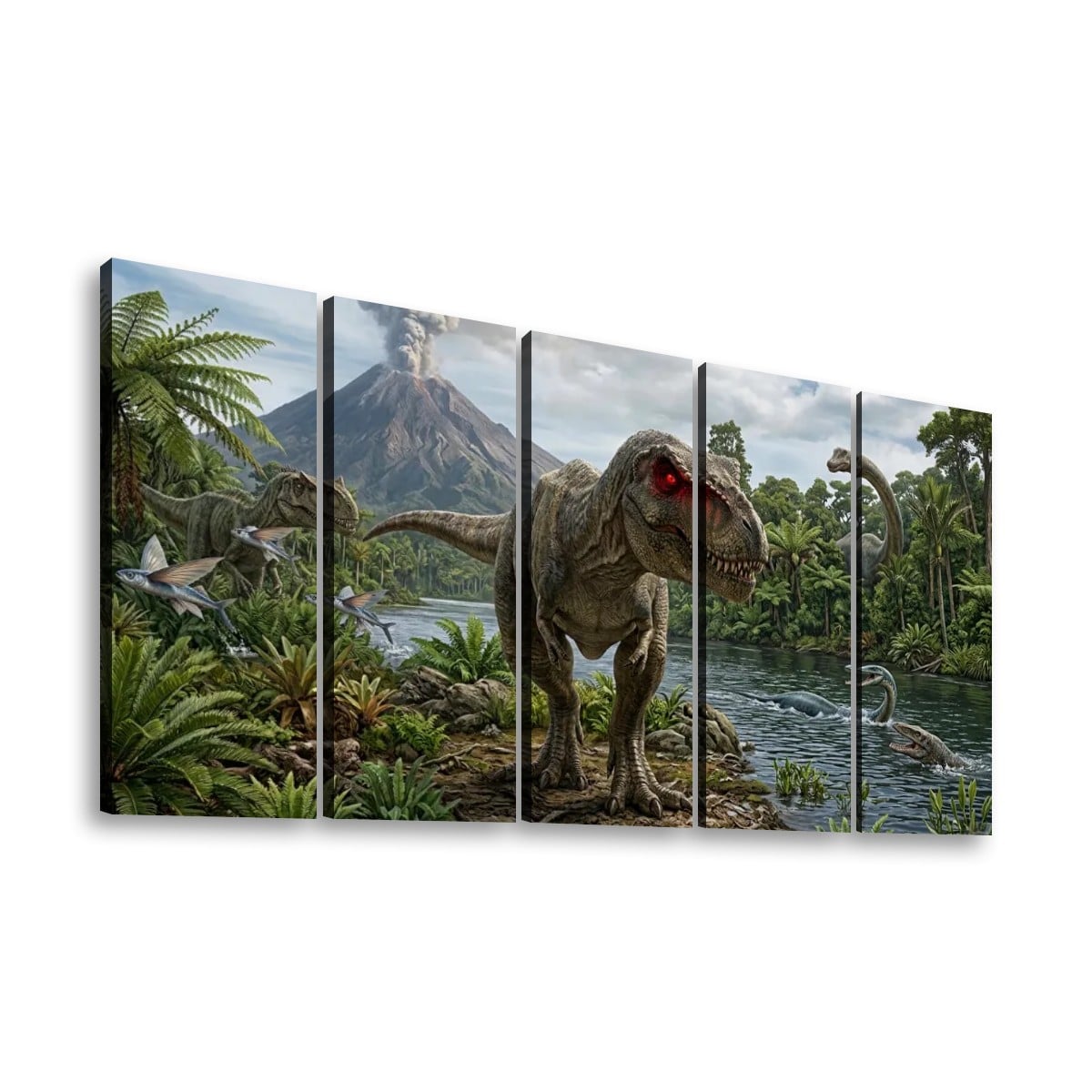T-Rex & Carnivores Canvas Wall Art – Prehistoric Fury Dinosaur Print | 1, 3 & 5 Panel Kids & Game Room