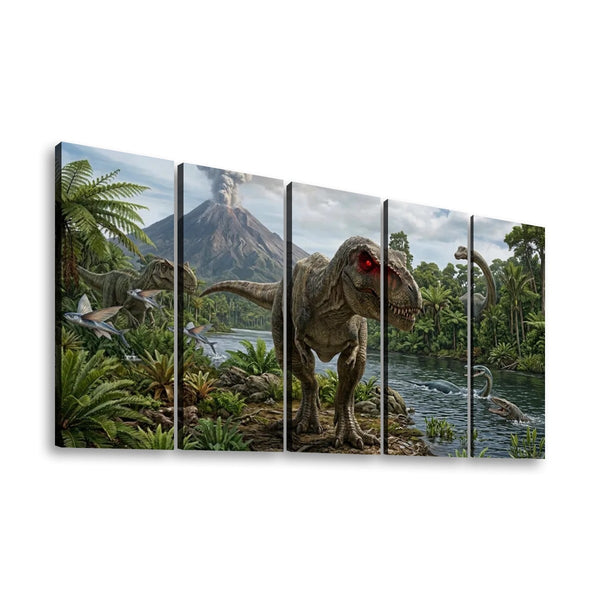 T-Rex & Carnivores Canvas Wall Art – Prehistoric Fury Dinosaur Print | 1, 3 & 5 Panel Kids & Game Room