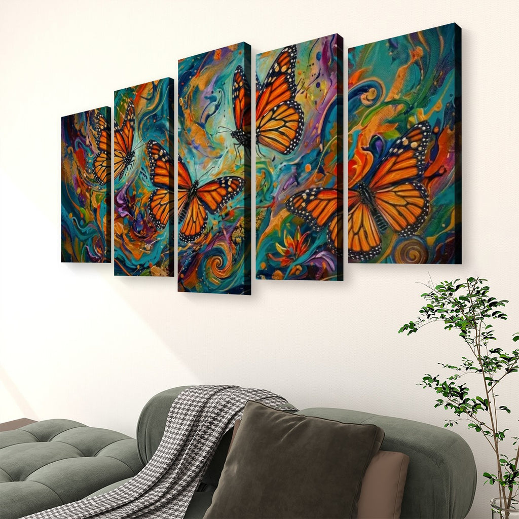 A five-panel canvas wall art set depicting vibrant orange monarch butterflies over colorful swirling abstract backgrounds, displayed on a white wall above a green sofa in a living room setting.