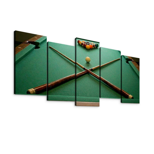 A five-panel canvas wall art set depicting a green pool table with crossed billiard cues, a white cue ball, and a triangle rack of colorful balls, shown against a plain white background.