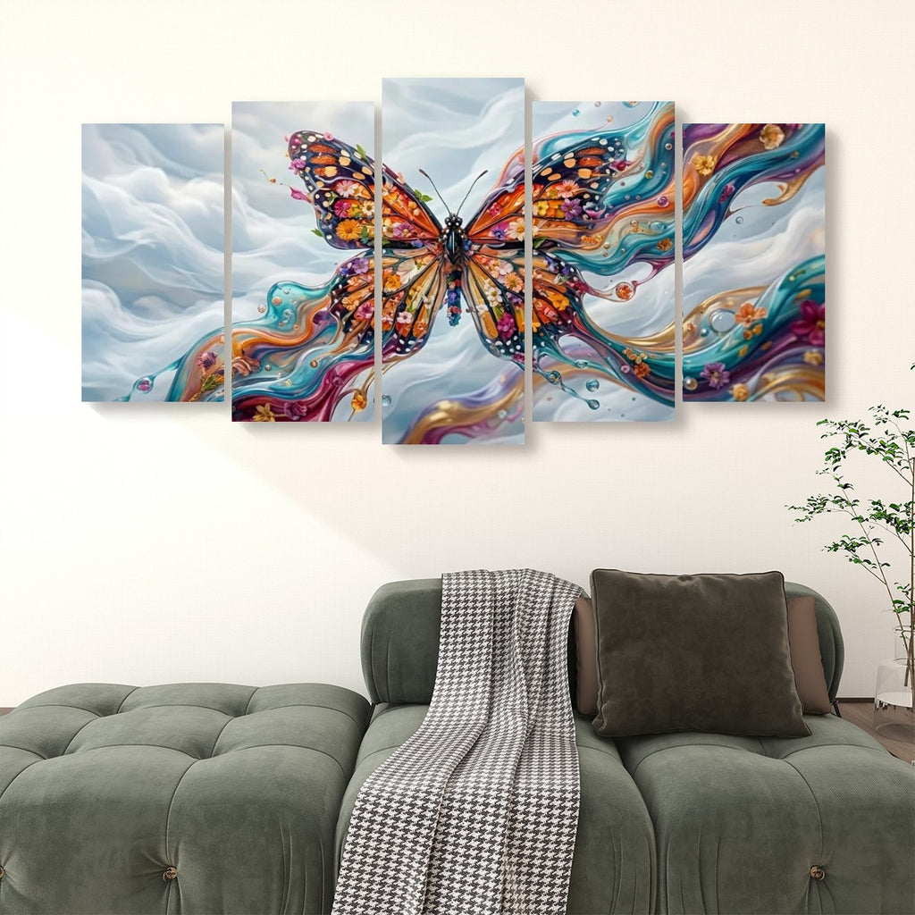A five-panel canvas wall art set depicting a colorful Monarch butterfly with swirling abstract paint strokes, displayed above a green sofa in a living room setting.