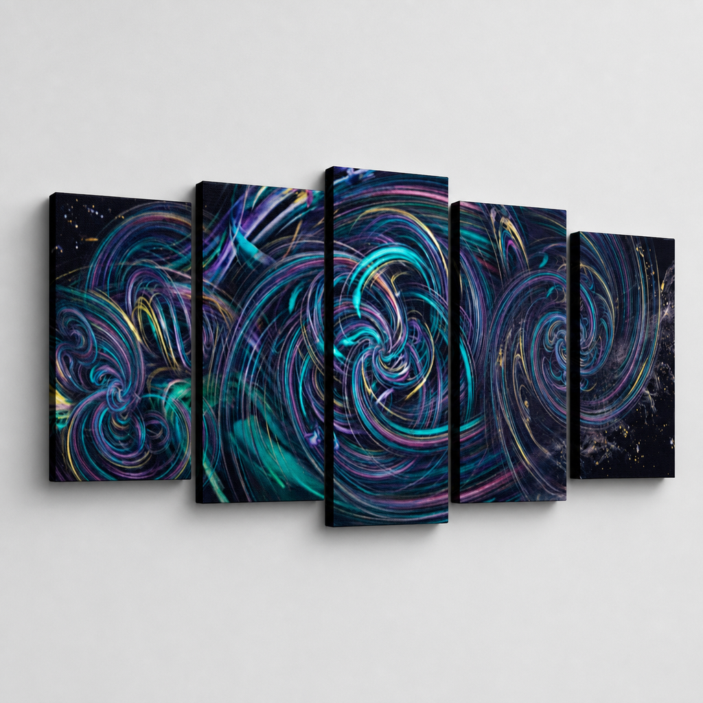 A five-panel canvas wall art set featuring an abstract swirling design in vibrant teal, purple, blue, and pink over a black background, displayed on a light gray wall.