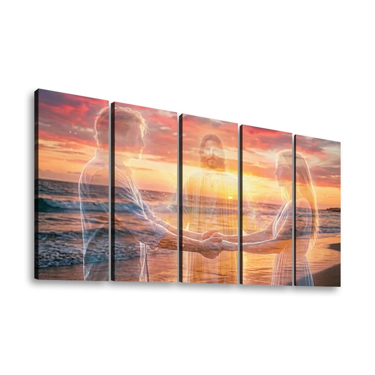 Jesus Christ Loving Couple Sunset Beach 5 Panel Level Canvas Wall Art