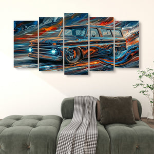 A five-panel canvas wall art set depicting a stylized 1966 Chevy Suburban Carryall  in swirling blue, orange, and black brushstrokes, displayed above a green sofa in a living room setting.