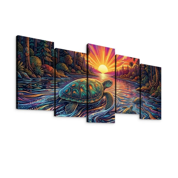 A five-panel canvas wall art set depicting a colorful fantasy seascape with a turtle in reflective water under a bright sunburst sky, shown against a plain white background.