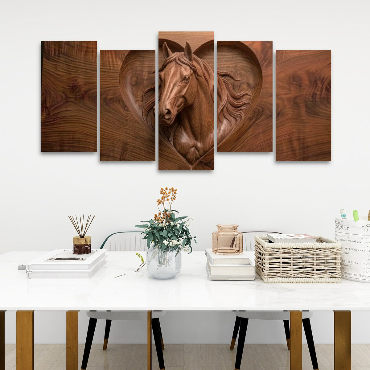 Wood Sculpture Horse Head with Heart 5-Panel Canvas Wall Art
