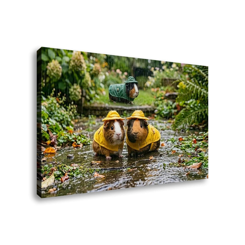 3 Guinea Pigs Playing in the Rain | 5-Panel Level Canvas Wall Art | 1, 3, 5 Panel
