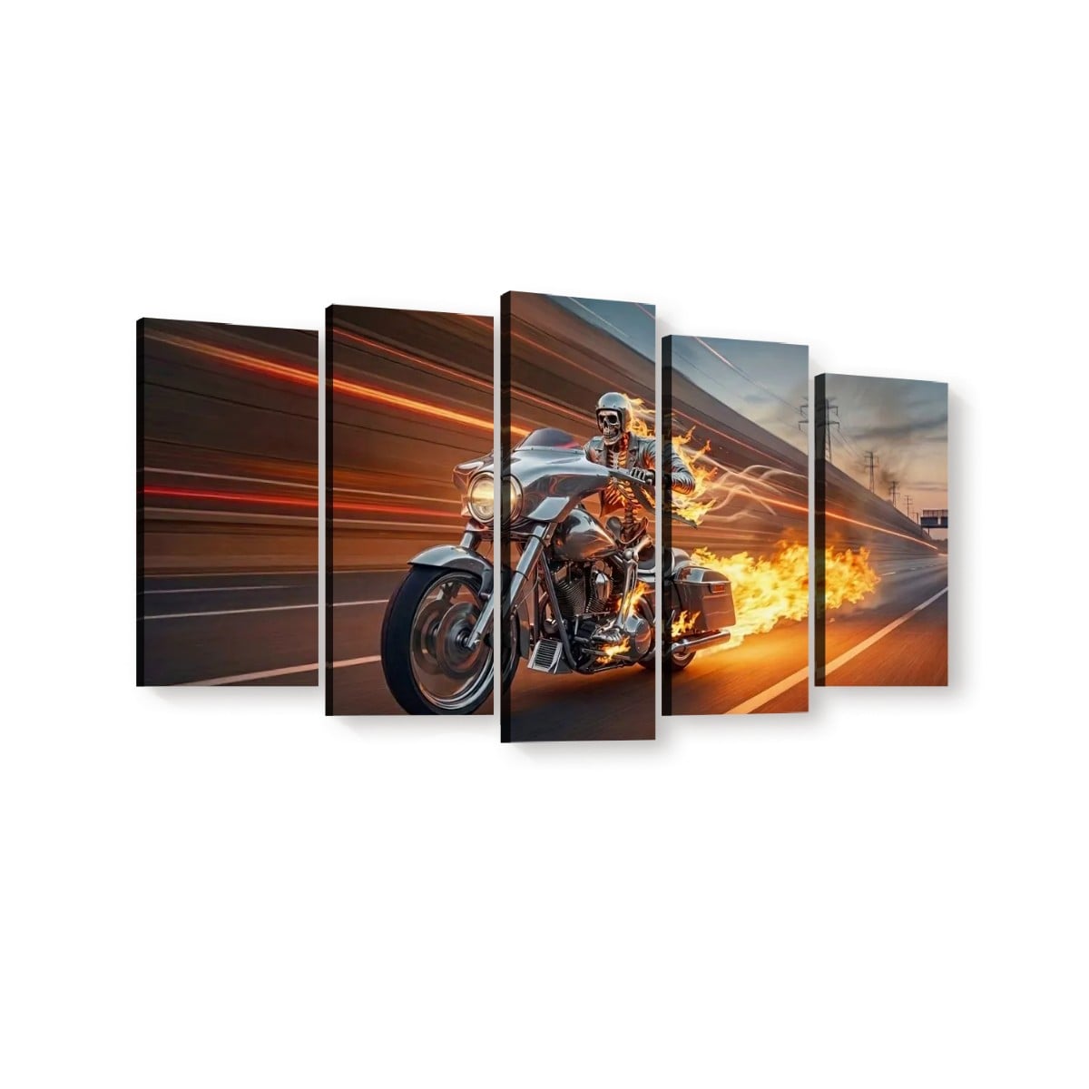A five-panel canvas wall art set depicting a motorcyclist riding a chrome Harley motorcycle on a highway with dramatic orange flames and motion blur, shown against a plain white background.