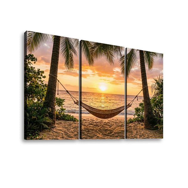 Hammock & Palm Trees Sunset Canvas Wall Art – Drift Into Sunset | 5-Panel Level Coastal Beach Print