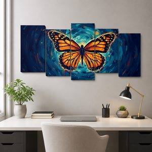 A five-panel canvas wall art set depicting a large orange and black butterfly over a swirling blue cosmic background, displayed above a white desk in a modern home office setting.