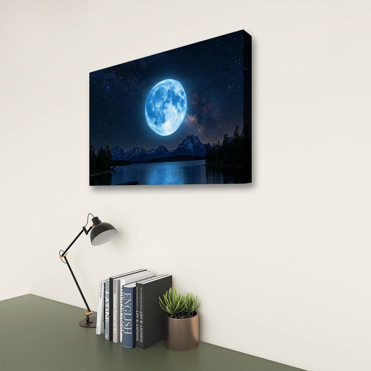 Blue Moon Canvas Wall Art – Moonrise Over Water Serene Night Scene | 1, 3 & 5 Panel Print