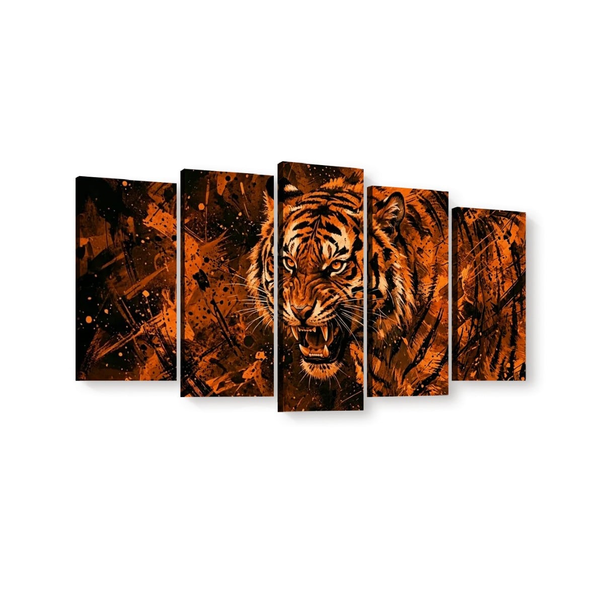 Abstract Tiger Canvas Split Panel Wall Art – Orange & Black 5-Panel Level