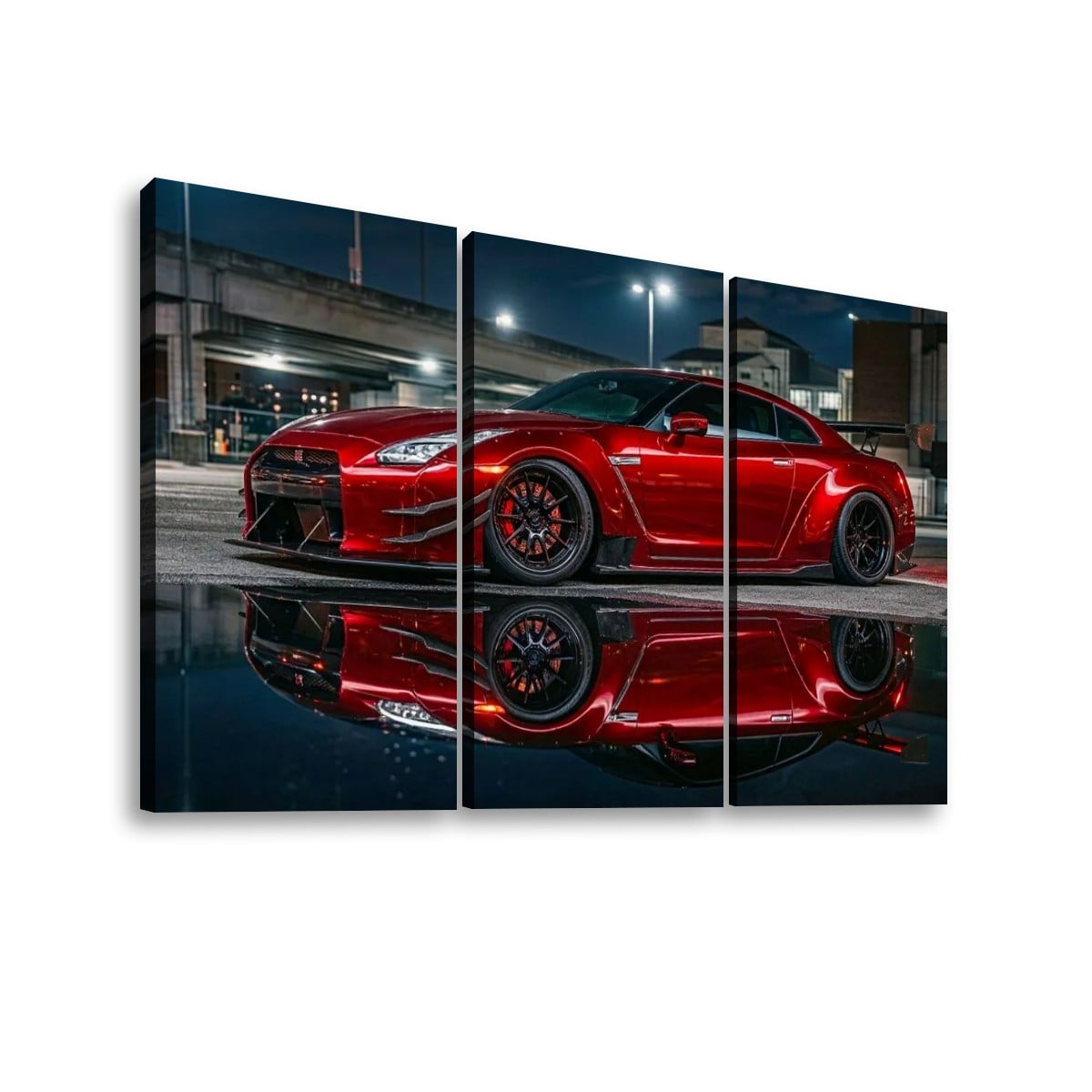 A three-panel canvas wall art print depicting a red  Nissan GTR R35  sports car parked at night with its reflection visible on wet pavement, shown against a plain white background.