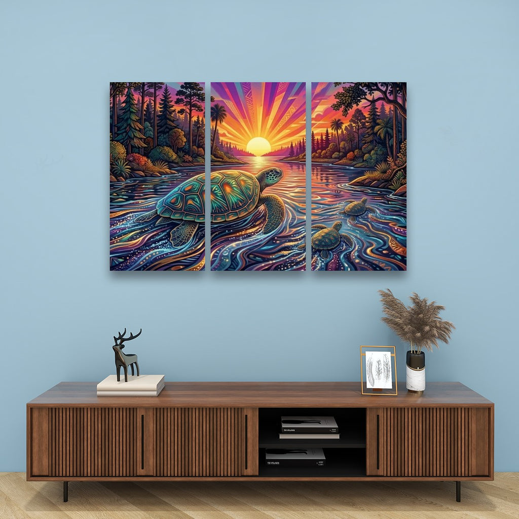 A three-panel canvas wall art set depicting a colorful sunset over a river with a sea turtle, displayed above a wooden console table in a styled room setting.