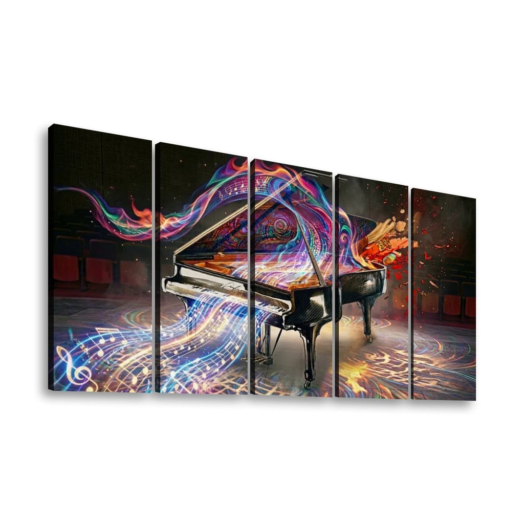 A five-panel canvas wall art set depicting a black grand piano with vibrant neon musical notes and colorful light trails flowing across a dark stage-like background.