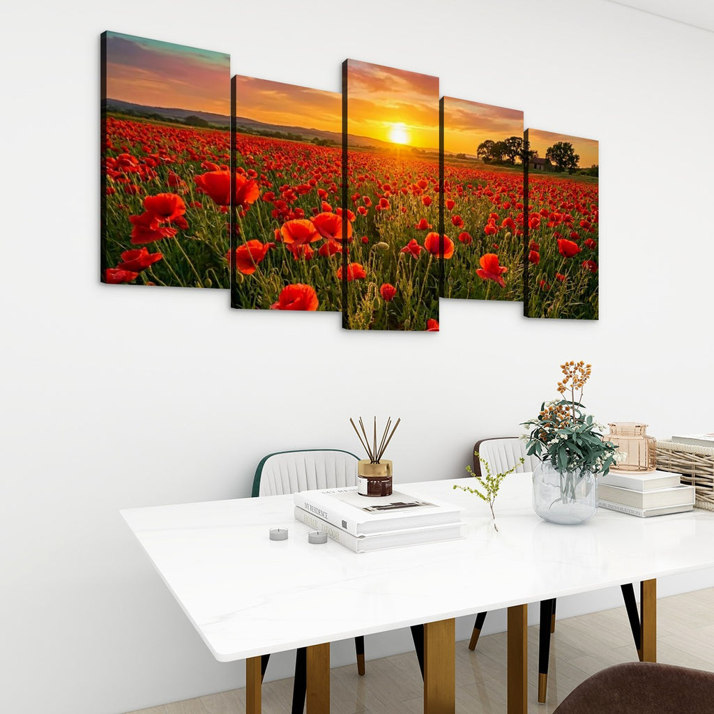 Golden Hour Poppy Field Canvas Wall Art – Fields of Fire | 5-Panel Level Nature Landscape Print