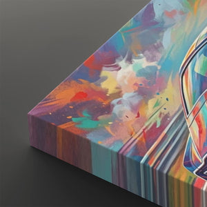 A close-up angled view of a colorful abstract canvas print showing vivid brushstrokes and stripes in blue, purple, orange, yellow, pink, and green on a dark gray background.