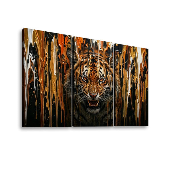 Tiger Bursting Through Dripping Paint Canvas Wall Art – Unleashed | Multi-Panel Wildlife Print