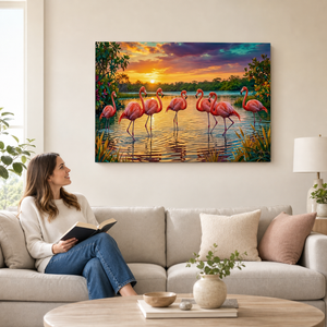 A woman sits on a light beige sofa in a living room, reading a book. Above the sofa, a large rectangular wall art print depicts a sunset scene with pink flamingos standing in water, framed by trees and colorful clouds.